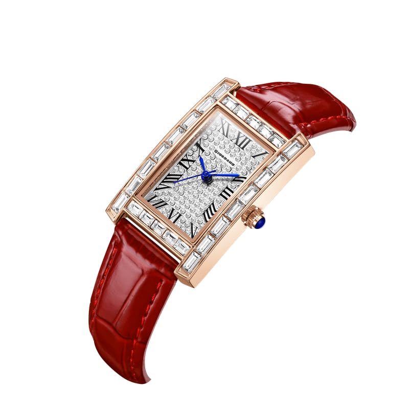 Image of Giordano Analog Quartz Watch for Women with Rectangular Dial, Crystal Studded Bezel, Roman Indices and Sparkling Dial, Leather & Stainless Steel Strap - GZ-60119