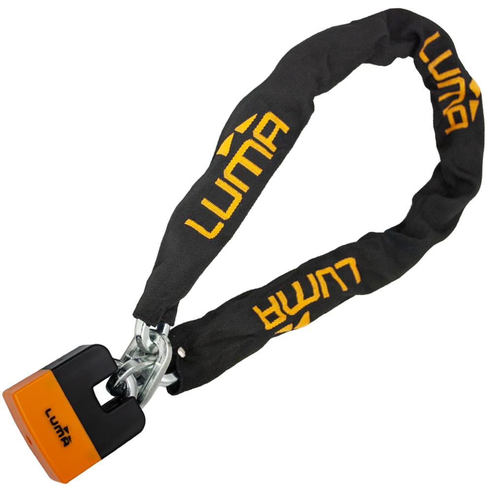 Cadena antirrobo LUMA 28 CHAIN – Cadena de seguridad en acero endurecido con llave reversible – Resistente al impacto, protección contra vandalismo y clima para motos y bicicletas.. (Naranja, 120 cm)
