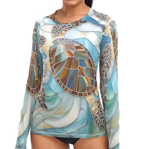Women's Rash Guard UPF 50+ Long Sleeve Sea Turtle Glass Ocean Nautical Coastal Swim Top Sun Protection Quick Dry Swimsuit