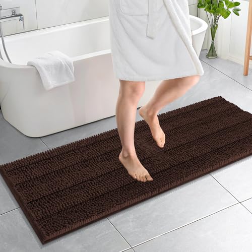 OLANLY Thick Bathroom Runner Rugs 59x20, Chenille Long Bath Rugs, Brown
