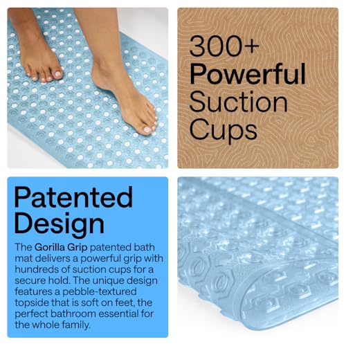 Image of GORILLA GRIP Patented Bath Tub Shower Mat, Machine Washable Bathtub Floor Liner Mats, Suction Cups and Drain Holes to Keep Tubs Clean, Soft on Feet, Bathroom Essentials, 35x16 Inch, Clear Blue