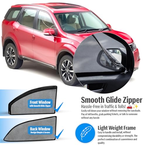 Image of Autofact Magnetic Car Sunshades Compatible with Mahindra XUV 500 (Set of 4) - Easy Installation, UV Protection, Keeps Car Cool (Front 2 with Zippers for Easy Access, Rear 2 Without Zippers)