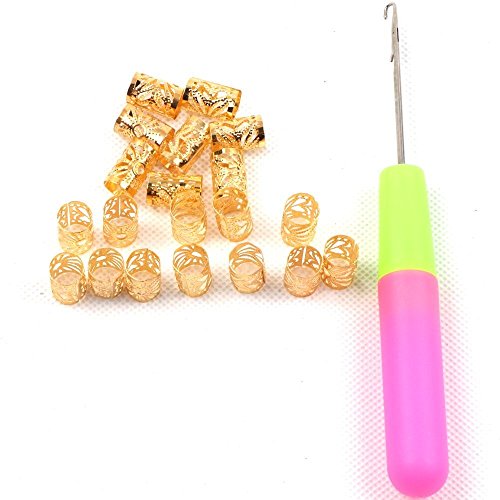 20 PCS 8mm Dreadlocks Braiding Beads Cuffs Tubes Hair Decoration Accessories Filigree Tube +1 Pcs Latch Hook Crochet Needle (Gold Plated)