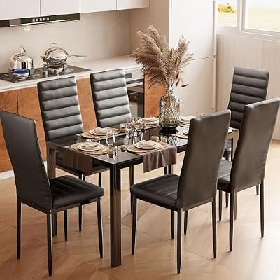 Bealife Kitchen Dining Table Set for 6, Tempered Glass 7 Piece Table and Chairs Set Modern for Home, Kitchen, Living Room, Dining Room,Black