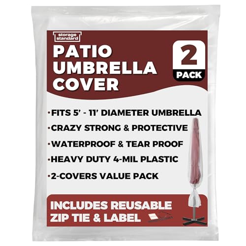 2-Pack Patio Umbrella Cover Bags - Clear Outdoor Patio Umbrella Covers Waterproof, Reusable Heavy-Duty 4-Mil Plastic â€“ Includes Zip Ties & Labels, Bag Fits 5 to 11-Foot Diameter Umbrellas