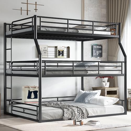 Image of Full Over Queen Over Queen Bunk Bed with Safety Guardrails, Modern Metal Triple Bed Frame for Kids, No Box Spring Required, Black