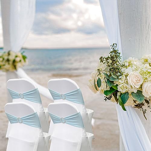 Image of Spandex Chair Sashes Bands, Baby Blue, 50PCS | Stretch Chair Ties Bows, With Buckle Slider, For Wedding Party Banquet Decoration
