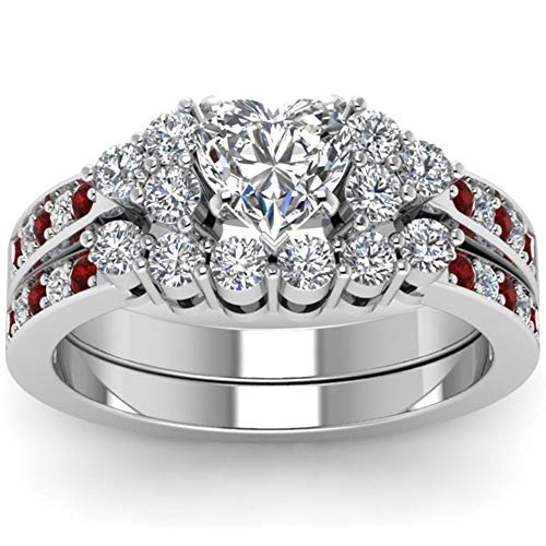 AJZYX Engagement Wedding Band for Women Anniversary Promise Ring 2Pcs Bridal Sets White Gold Plated 1.5ct Heart CZ Simulated Ruby Ring Size 5-12 Size 9