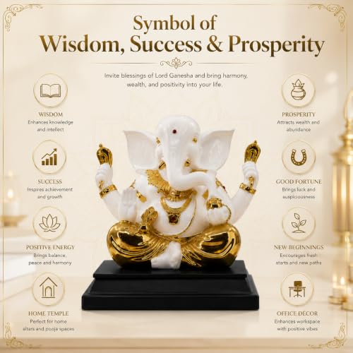 Image of Premium Lord Ganesha Statue - White & Gold Ceramic Ganpati Idol - Luxury Hindu God Figurine for Home Decor, Pooja Mandir, Office, and Auspicious Gifting