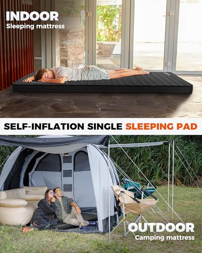 Image of KingCamp PREMIUM SINGLE Self Inflating Sleeping Pad, 7.5 R-Value Air & Foam Camping Mattress, 3 inch Thick Insulated Sleeping Pad with Pump Sack for Car Camp Tent, PVC Free, Single Black