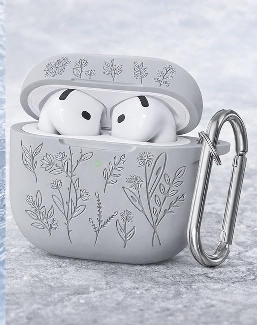 Image of Meyaar Silicone Case for AirPods 4 Floral Embossed, Flower Engraved Soft Silicone Cover with Keychain, Anti-Scratch, Shockproof Protective Case Cover (Light Grey, for AirPods 4 (2024)