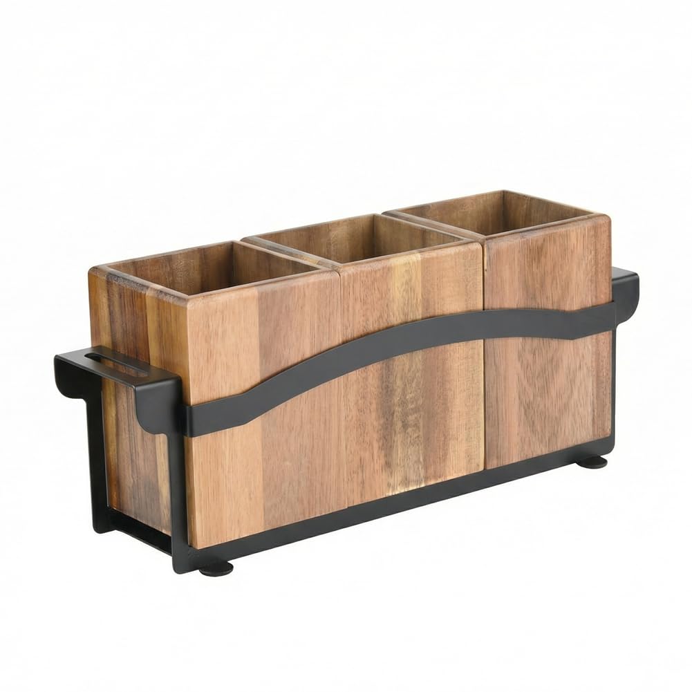 Ijsdnvjndx Wood & Black Desktop Wooden Spoon Organizer 3 Compartments For Kitchen Utensils Holder Wood Holder