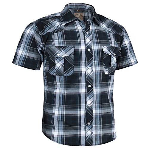 COEVALS CLUB Men's Casual Plaid Pearl Button Snap Front Short Sleeve Shirt Regular Fit (Black/White #9, 2XL)