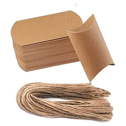 Awtlife 50 Pcs Vintage Natural Kraft Paper Pillow Boxes for Wedding Party Candy Cover
