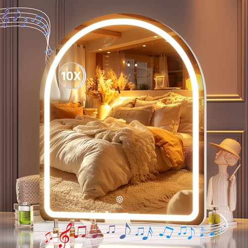 Hasipu Vanity Mirror with Lights and Bluetooth Speaker, 18\"Ã— 22\" Arched LED Makeup Mirror, Lighted Desktop Makeup Mirror with Lights, Smart Touch Control Dimmable 3 Modes Light White