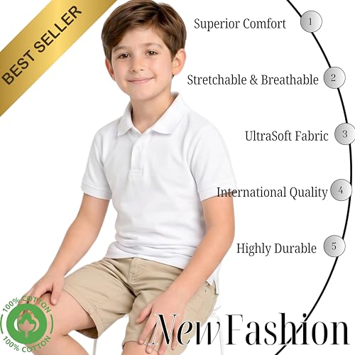 Image of Kids Boys Polo T-Shirt | Half Sleeves | Organic Cotton Rich Bio-Wash Fabric | Ultra Soft & Breathable | Regular Fit | Plain Solid Colour Casual Wear & School Uniform
