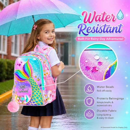 Image of 16 inch Mermaid Backpack for Girls, 3Pcs Kids Fish Tail Backpacks with Lunch Box, School Bookbag for Elementary Preschool Kindergarten(Pink)