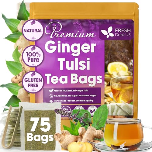 Image of FreshDrinkUS, Premium 75 Ginger Tulsi Tea Bags, 100% Natural, Hand-made Blend of Ginger and Tulsi Holy Basil Leaves, Eco-conscious Tea Bags. Herbal Tea. No Sugar, No Caffeine, Vegan.