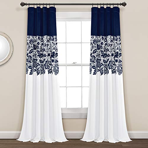 Lush Decor Navy Estate Garden Print Curtains Room Darkening Window Panel Set for Living Dining, Bedroom (Pair)