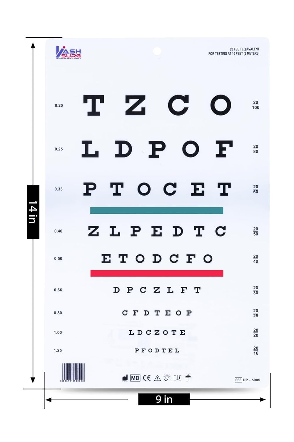 KASHSURG Snellen Chart with Red Green Lines 10 Feet_162_Pack of 40