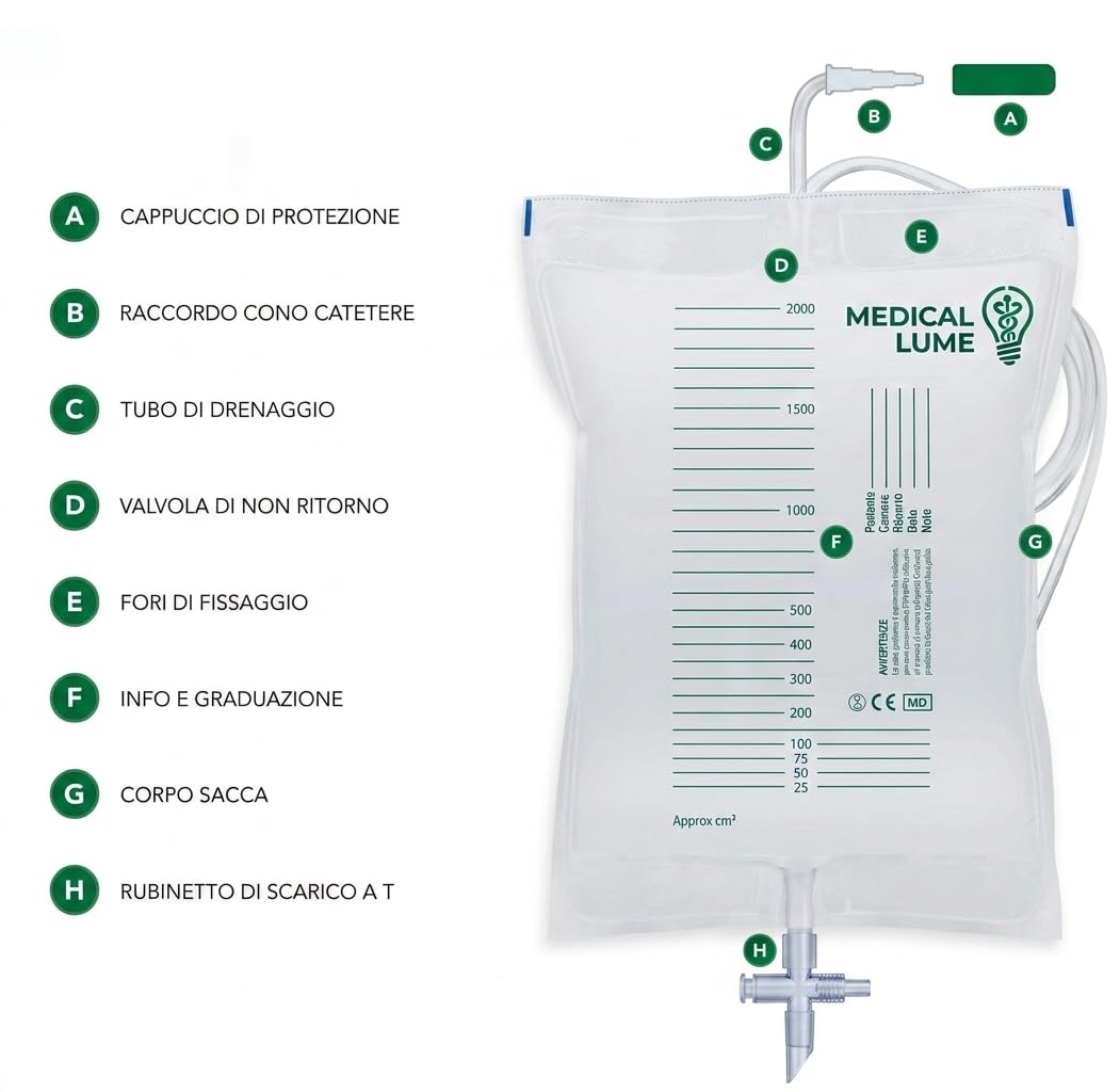 SACCA DI RACCOLTA DELL’URINA DA LETTO DA 1500 ML MONOUSO A FONDO CHIUSO TUBO & RUBINETTO 90 CM (50 PZ)