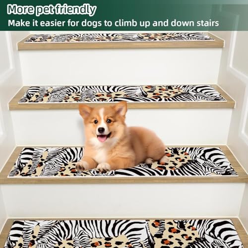 Alfombra para escaleras con estampado de cebra para proteger peldaños de madera interiores con niños 6