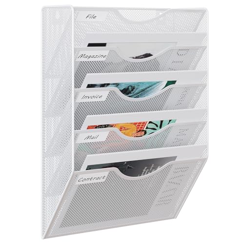 EasyPAG 5 Fächer Metall A4 Zeitschriftenhalter Wand Zeitschriften Wandhalter Aktenablage Dokumentenhalter Hängend Magazin Organizer Flyerhalter Prospektspender,Weiß