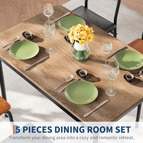 Garvee Dining Table Set for 4, 5 Piece Wooden Dining Table and Chairs, 4 PU Upholstered Chair, Modern Metal Frame Dinette Set for Dining Room, Home Dinner, Party, Apartment, Brown + Black