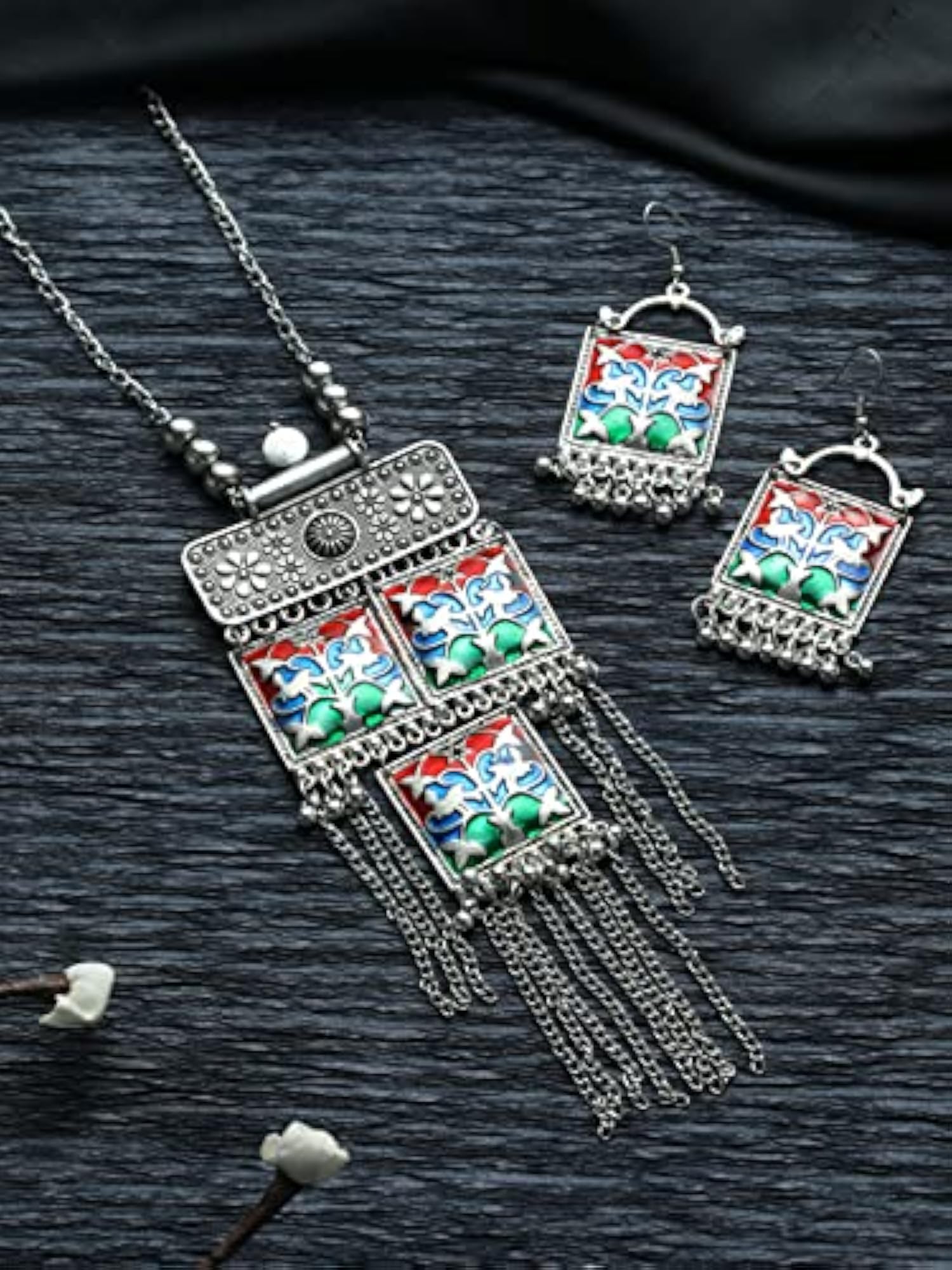 Oxidised Multicolor Square Tasseled Jewellery Set, Vibrant Style