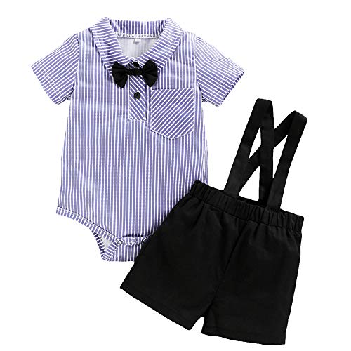 Abiti per Neonati Abiti per Bambini Gentleman Abiti Abiti, Camicia a Righe a Maniche Corte Pantaloni con Bretelle Tie Papillon Tute Vestiti Set Estate per Ragazzo Bambino
