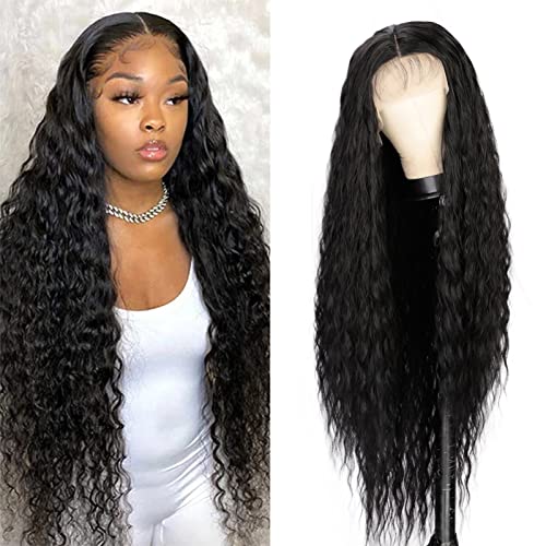 Long Black Curly Wigs for Women Synthetic T Part Lace Front Wig 38'' Super Long Curly Middle Part Wig 130% Density for Daily Party Use
