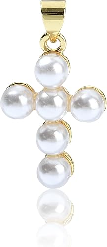 Miniatura 9 de Ipotkitt 5 dijes de cruz de perlas blancas con forma de crucifijo blanco, dijes religiosos de concha de agua dulce natural para manualidades y