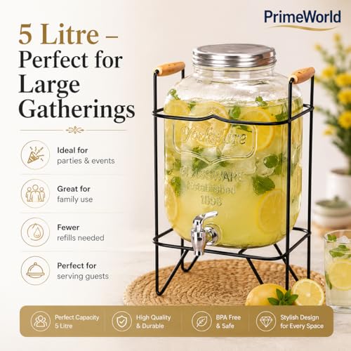 Image of PrimeWorld 1 Pc 5 LTR Glass Water Beverage Dispenser with Stand - Air Tight Lid Glass Pitcher for Detox Water - Mason Jar - Counter Table Top Juice Water Beer Dispenser for Home Restaurant Party