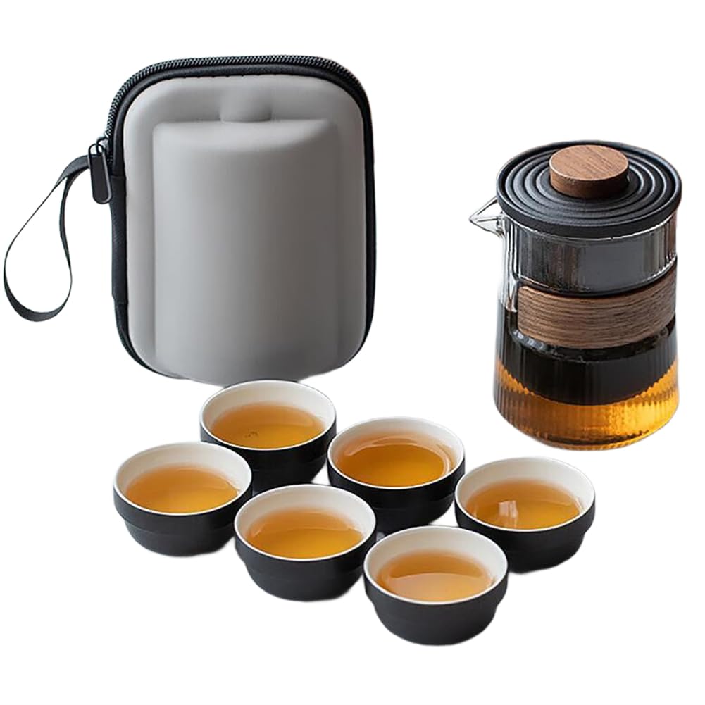 Tetera de cerámica anticalor y juego de té de viaje portátil con cuatro vasos compactos