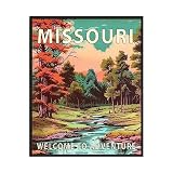 Missouri Poster Art Print, Retro States Landscape Wall art Decor, Adventure Mountain and Scenery Painting for Bedroom, Living Room (Missouri Scenery, 11x14 inches + (Black Frame))
