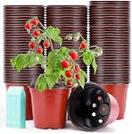 Sfee 100 Pack Plant Nursery Pots 4 inch Plastic Plant Pots, Soft Durable Reusable Seed Starting Pots for Succulents Plants Vegetables Fruits Seedlings Transplanting with 100 Plant Labels(Red)