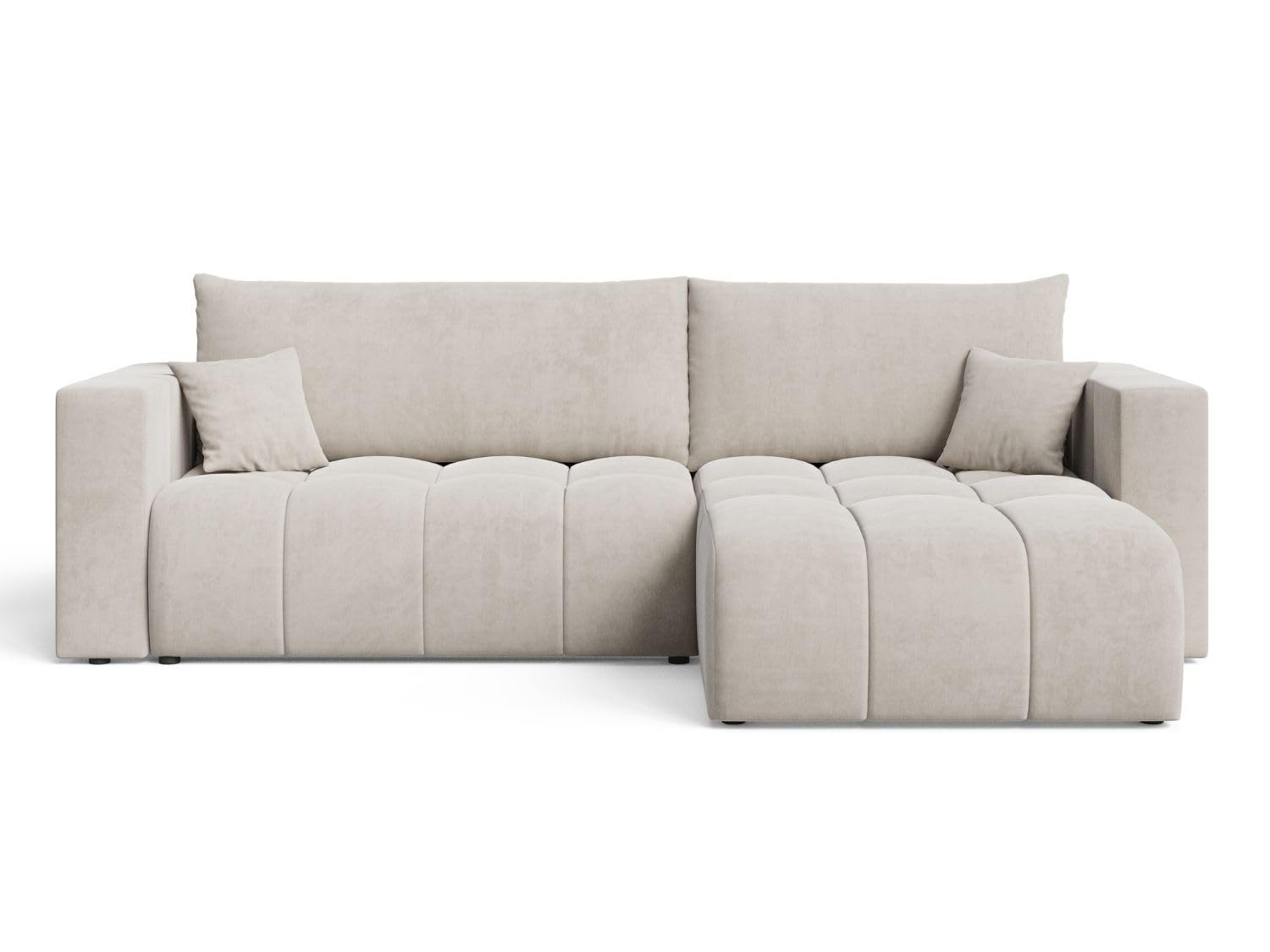 GRAINGOLD Neva L Ecksofa modern mit Bettfunktion, 280x170 cm, L-Form Sofa, Schlafcouch für Wohnzimmer, Velvet-Stoff, 3-Sitzer Eckcouch, Ecksofa mit Bettkasten (Beige)