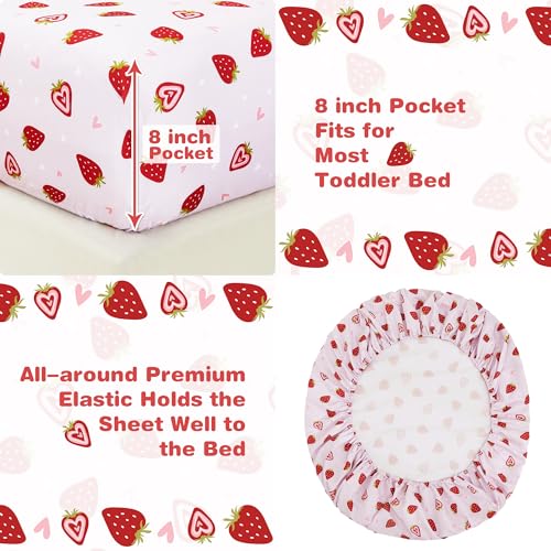 Image of lasoftan Toddler Bedding Set, 4 Piece Bed-in-a-Bag Toddler Bed Comforter Sets for Girls, Toddler Bed Set, Prink Strawberry Printed, Machine Washable