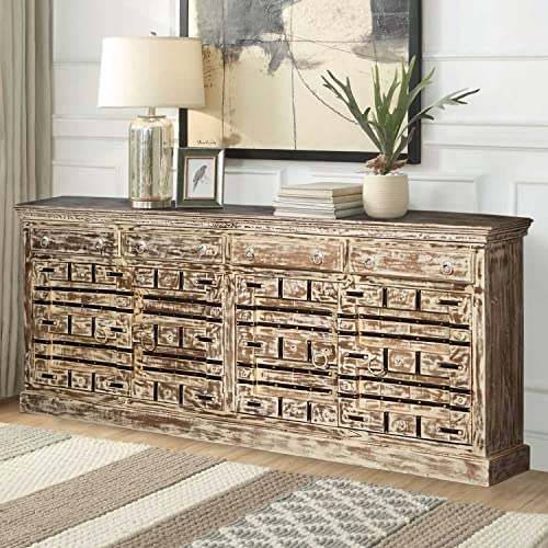 Handmade 4 Door Credenza Sideboard Storage Cabinet with Metal Strap | Farmhouse Style Hand Craved Large Buffet Cabinet | Vintage Distressed Off White Storage Sideboard