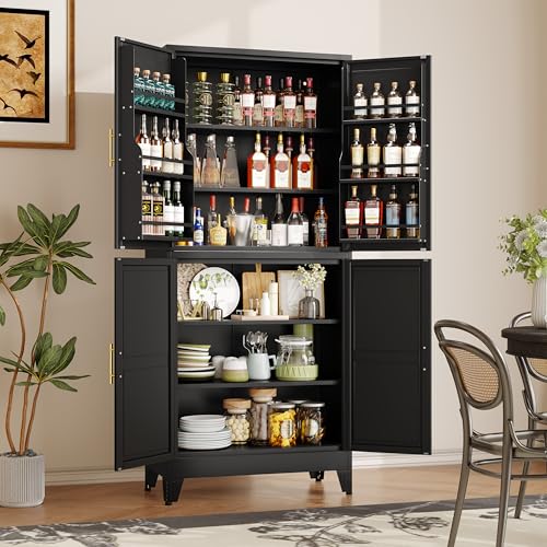 Image of GAIOUS 74.8 inch Tall Metal Food Cabinet, Black Kitchen Pantry Cabinet, Storage Cabinets with 4 Door and 4 Adjustable Shelves, Steel Freestanding Cupboard for Kitchen Dining Room Living Room Bathroom