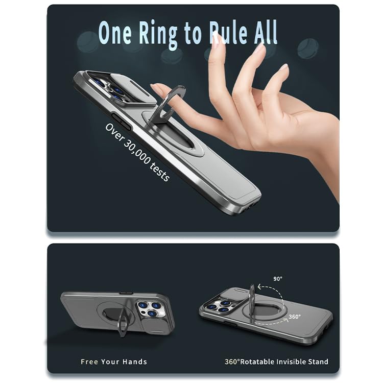 Image of LuxuryKase MagSafe Shockproof Rugged Back Case for iPhone 15 Pro Max | Finger Ring Kickstand & Sliding Camera Cover | Military Drop Protection | Wireless Charging Support - Grey