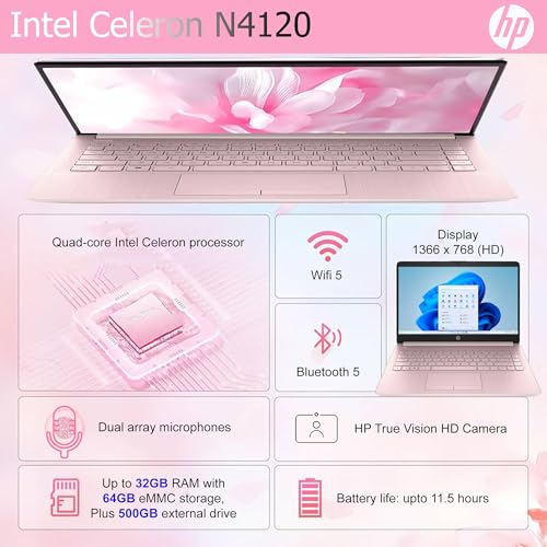 Image of HP Ultralight 14 inch Laptop with Intel 4-Core Processor • with Microsoft 365 and Wireless Earbuds • 8GB RAM • 64GB SSD • HD Display • Pink • Windows 11