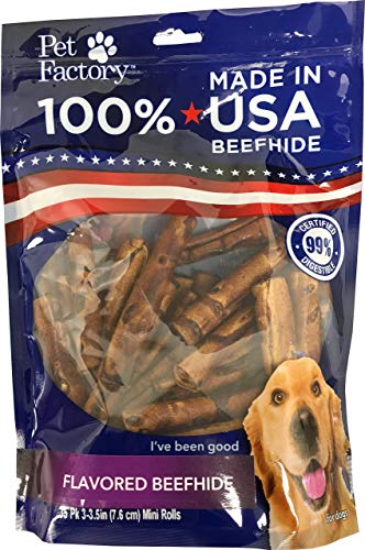 Pet Factory 78140 Beefhide | Dog Chews, 99% Digestive, Rawhides to Keep Dogs Busy While Enjoying, 100% Natural, Beef Flavored Mini Rolls, Pack of 35 in 3-3.5