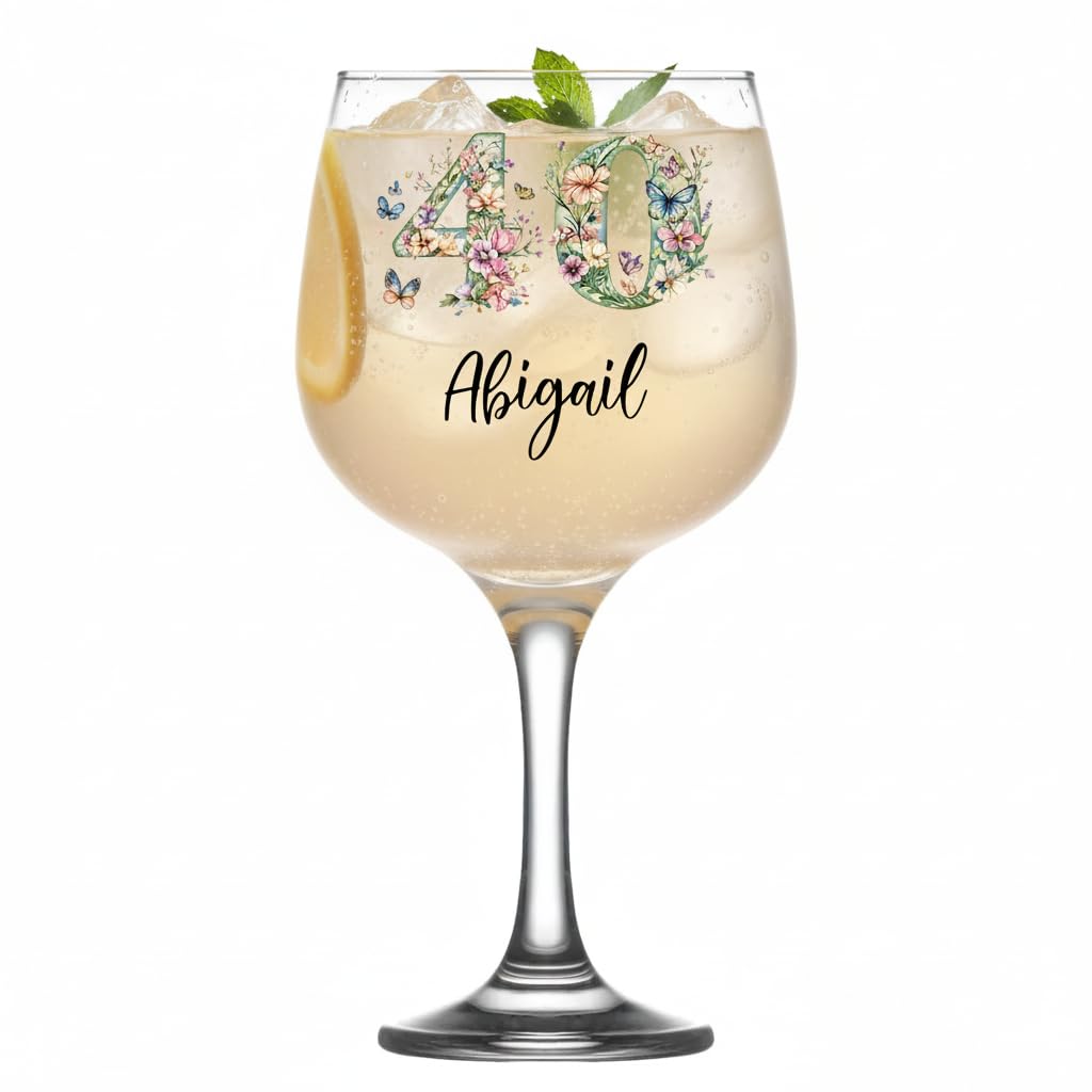 ukgiftstoreonline Personalised 40th Birthday Gin Glass, Copa Balloon, Clear with Floral and Butterfly Design, 730ml, Glass