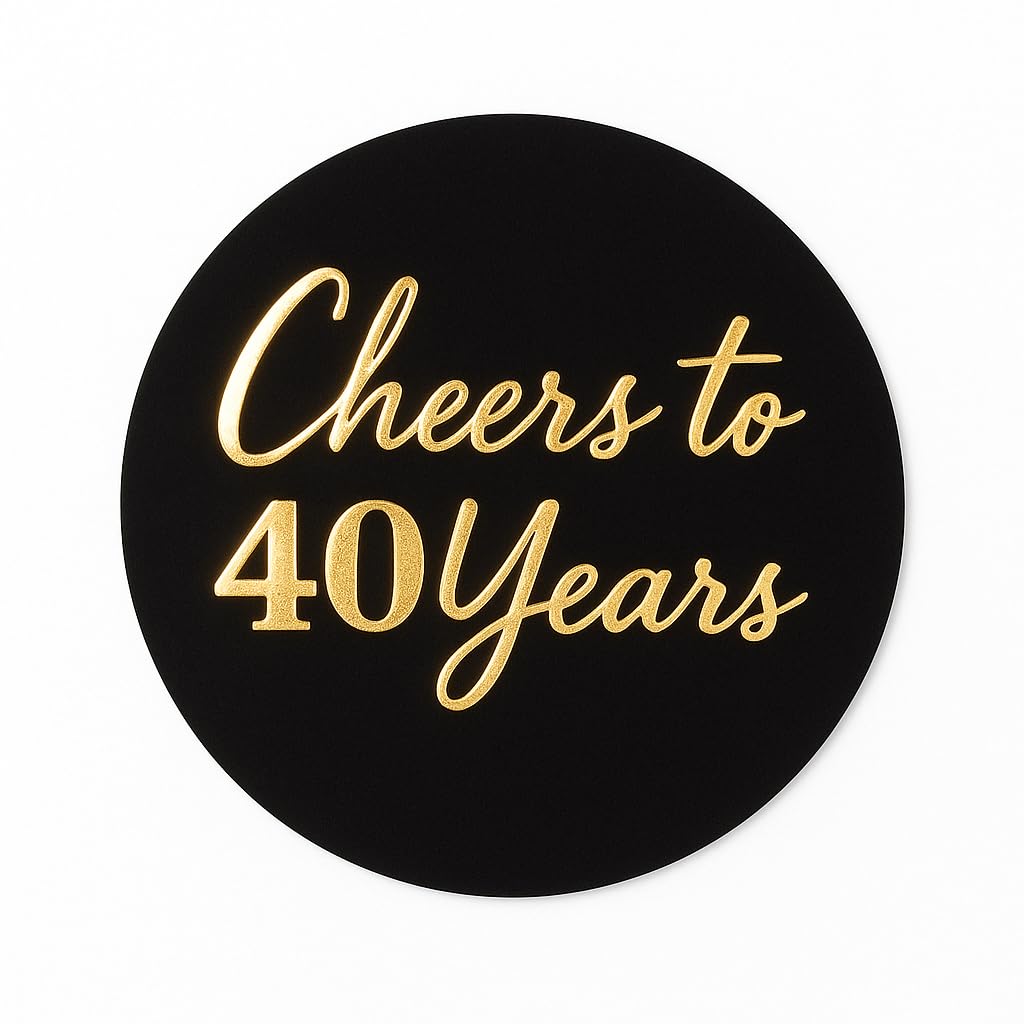 50 PCS Cheers to 40 Years Stickers – 45mm Round Black & Shiny Gold Bottle & Card Seals – Happy 40th Birthday Party Favors, Milestone Celebration Stickers
