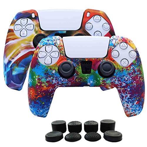 Aosai PS5 DualSense Controller Skin, Studded Anti-Slip PS5 DualSense Controller Cover Silicone Grip for PS5 Controller(Controller Skin x 2 + FPS PRO Thumb Grips x 8) (Spashing Paint+Rainbow)