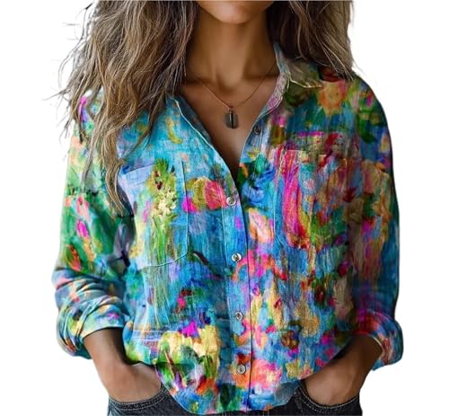 Vintage Boho Tops for Women Floral Print Shirt Casual Long Sleeve Button Up Blouses 3D Digital Printinghirts Tops