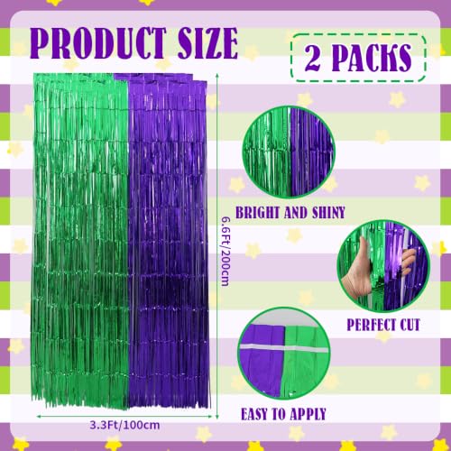 Image of TONIFUL 2Pcs Green and Purple Metallic Tinsel Foil Fringe Curtain Streamer | 3.3ftx6.6ft Photo Booth Backdrop Door Streamer for Birthday Graduation Baby Shower Cartoon Turtle Themed Party Decorations