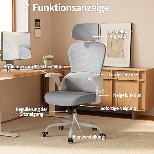 Image of TRALT Ergonomic Office Chair, Desk Chair with Adjustable Headrest, Height-Adjustable Office Chair, Office Chair, Ergonomic Desk Chair, Gaming Chair, 150 kg for Long Time, Grey