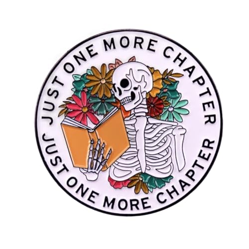 Cartoon Skull Enamel Pin JUST ONE MORE CHAPTER Skull Reading Brooch Lapel Pin for Book Lovers Clothing Backpacks Decor Jewelry Gift for Reader Student, White